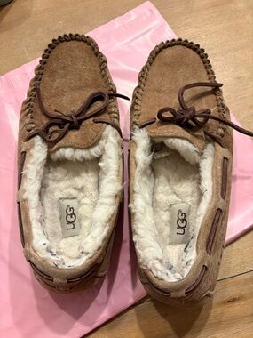 UGG Brown Suede Shearling Lined Moccasin Slippers